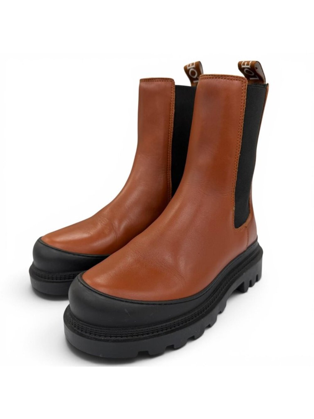 Loewe Logo Leather Chelsea Boots Side Gore Short Brown Box 35